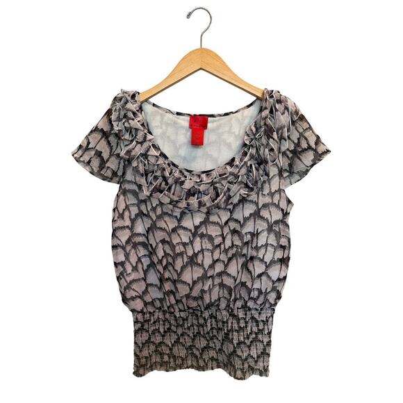 V Cristina Women’s Ruffled Sheet Elastic Waist Short Sleeve Blouse S Black Gray - Picture 1 of 5